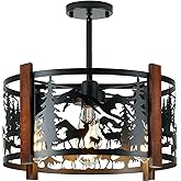 Monyohame Farmhouse Rustic Deer Ceiling Light Fixtures, 4-Light Round E26 Base Black Metal Wooden Fixture for Kitchen, Living