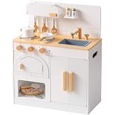 ROBOTIME Wooden Play Kitchen with Pizza Oven for Kids Ages 3+, White | Kitchen Playset w/ Sliceable Pizza, Cookware, Sink, Storage for Hands-On Restaurant Pretend Role Play and Imaginative Stories
