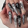 MISUD Press on Nails Long Stiletto Fake Nails Glossy Glue on Nails Almond Acrylic Nails Goth Black Artificial Nails Gothic Butterfly Stick on False Nails with Pearl Design 24 pcs