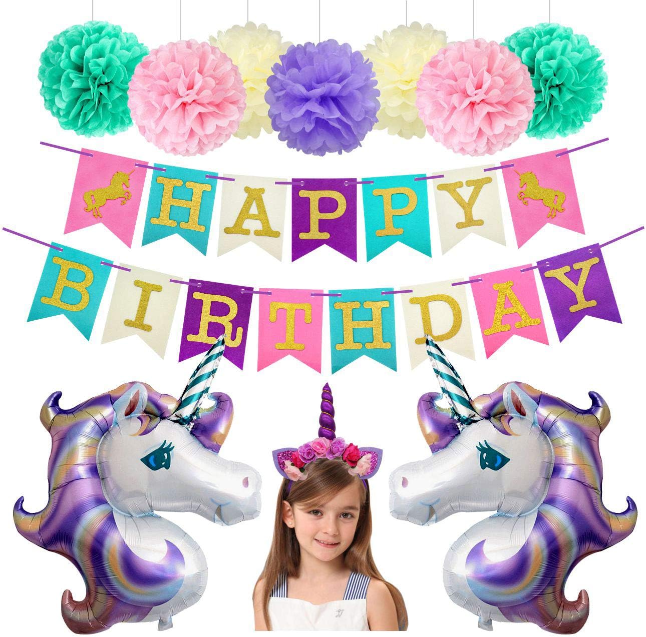Unicorn Party Balloons Decorations Happy Birthday Banner Purple Headband Paper Pompoms Set for Kids Girl