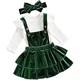 Thorn Tree Newborn Baby Girls Christmas Outfits Long Sleeve Onesie Romper+Velvet Suspender Skirts+Headband Clothes