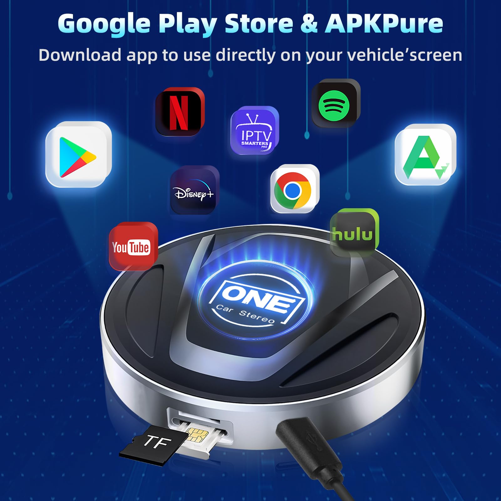 OneCarStereo CarPlay Ai Box Ultra, Wireless CarPlay Adapter Built-in Qualcomm 8-core 6225 High-Performance with Android 13, Magic CarPlay Box Stream Video Apps, TF/SIM Card, LED Light(8+128GB)