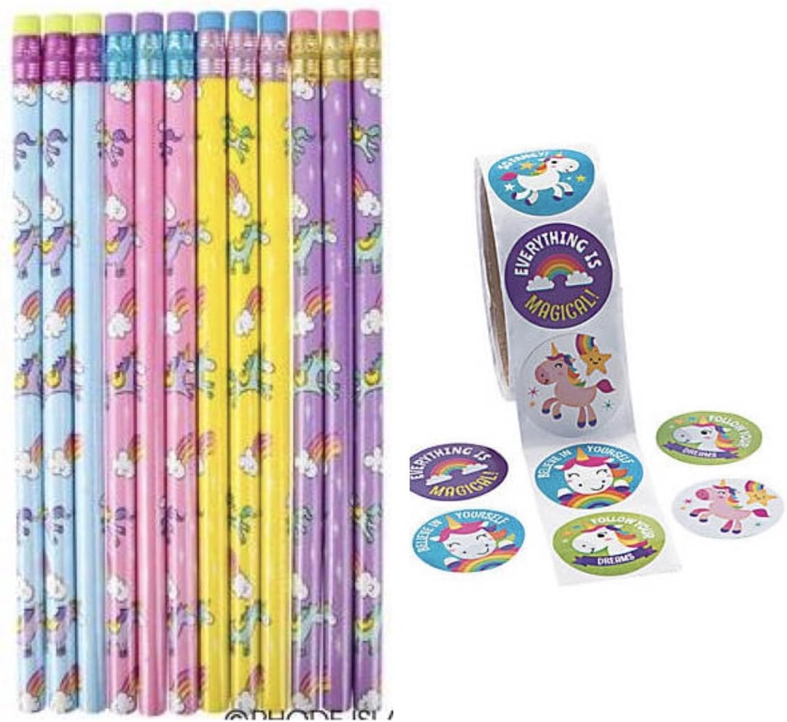 Pretty Unicorn Pencils & Stickers - Party Favors - Classroom Giveaways - Teacher Rewards - Pastel (24): Office Products