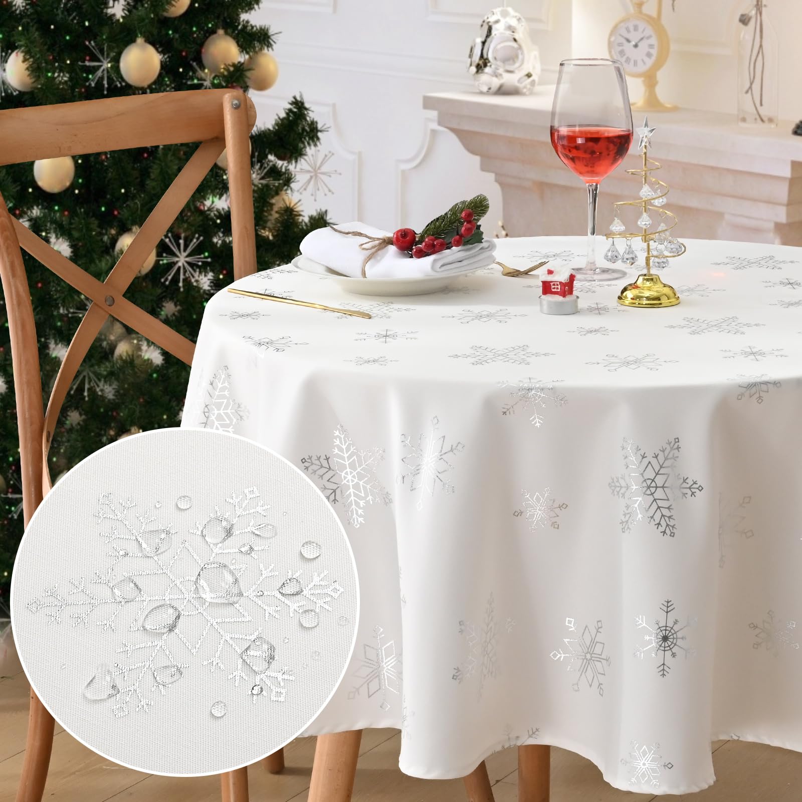 Alishomtll Christmas Tablecloth Table Cover Waterproof Table Cloth Round Wipe Clean, Silver Snowflake Xmas Washable Tablecloth for Holiday Dinner Kitchen Party New Year, Diameter 57in/146cm