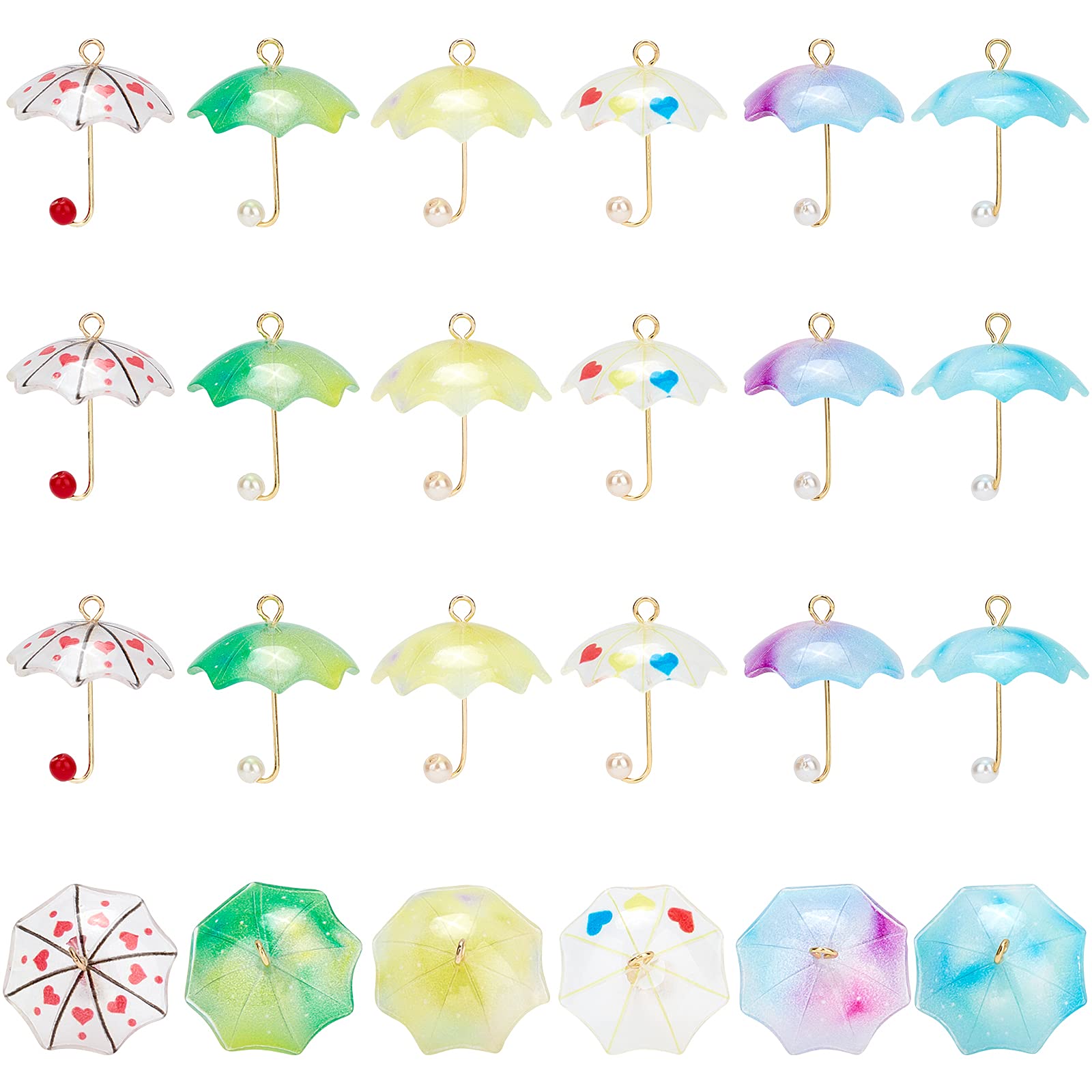 SUNNYCLUE 24pcs 6 Colors Acrylic Umbrella Charms Pendant with Golden Plated Brass Loops & Plastic Imitation Pearl for DIY Earrings Necklace Bracelet Jewelry Making Accessories