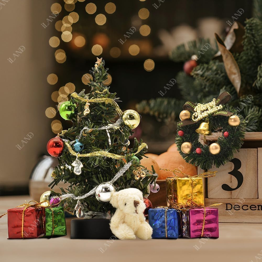 iLAND Dollhouse Accessories Mini Christmas Tree with Lights 6 inch Dollhouse Christmas Decorations CuteTiny Xmas Tree Miniature Decor 1/12 Scale Accessories Shining Small Gifts