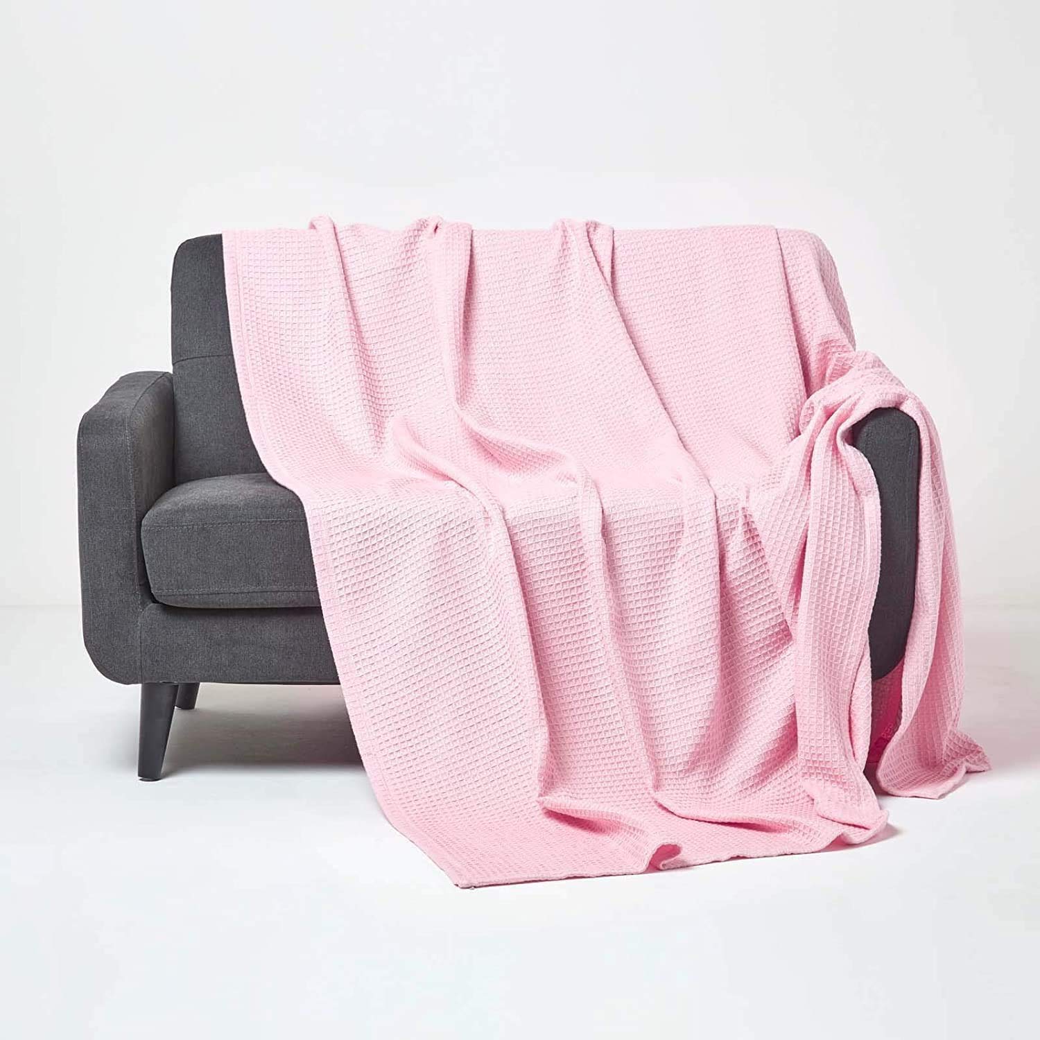 HOMESCAPES - 100% Organic Cotton Waffle Blanket - Pink - Double Bed Size 228 x 228 cm - Super Soft Combed Cotton Blanket Throw โ image 1