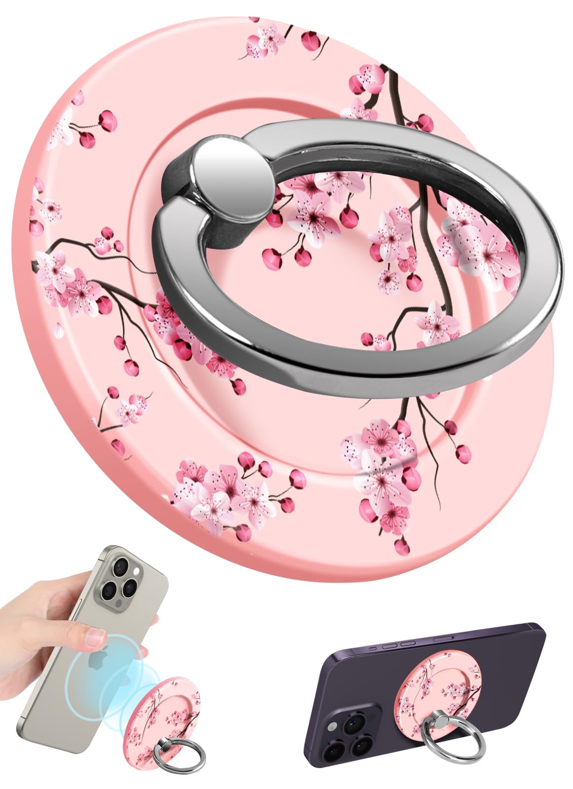 Photo 1 of Lotadilo for Magnetic Phone Ring Holder Compatible with MagSafe for Women - Cute Design Magnet Phone Grip Ring Stand Kickstand for iPhone 17/16 Pro Max/16 Pro/16/15/14/13/12 Series, Peach Blossom