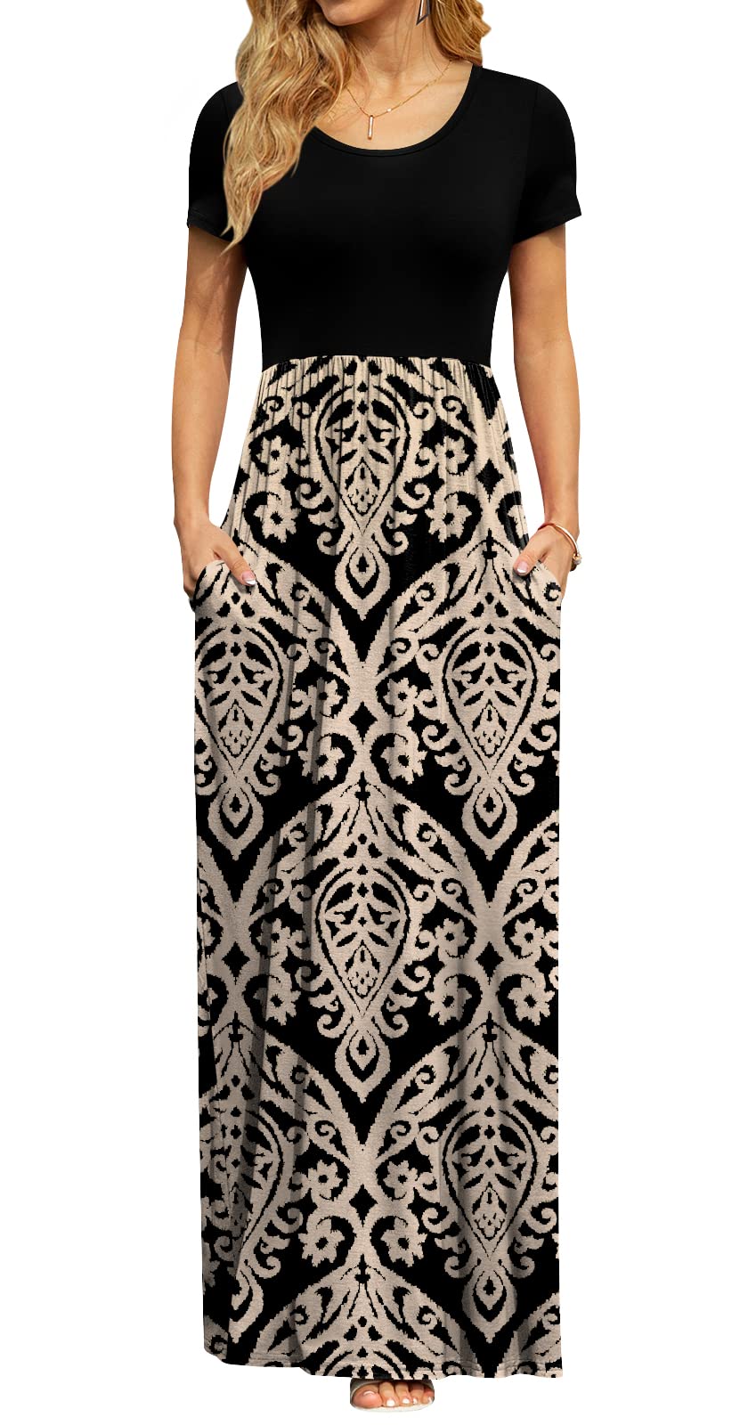 Photo 1 of DB MOON Womens 2025 Casual Summer Plus Size Maxi Dresses Short Sleeve Empire Waist Long Dress with Pockets(Black and Gold, XL)
