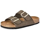 mysoft Womens Flat Sandals Cork Footbed Slides 2 Straps Adjustable Buckle Slip On Summer with +Comfort Shoes