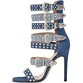 VERISSON Square Toe Rhinestone Stiletto High Heel Sandal Boots for Women – 11 cm Crystal Stiletto Heels Rivet Studded Buckle Bands, Summer Sandals with Backside Zipper Design