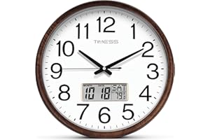 TIMESS Wall Clock, Classic Wood Style Finish, 13 Inch Non-Ticking Silent Battery Operated Quartz Analog with Perpetual Calendar and F° Temperature Display, Home, Office Décor (Chestnut Brown)