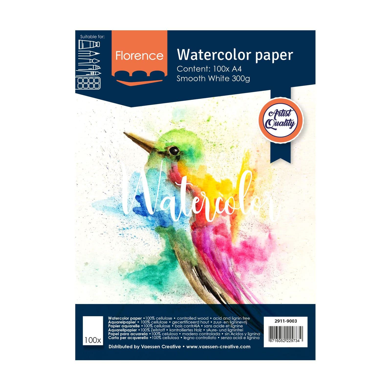 Vaessen Creative Florence Watercolour Paper A4, Ivory, 300 GSM, Artist Grade Quality, Smooth Surface, 100 Sheets for Painting, Handlettering, Art Projects, White