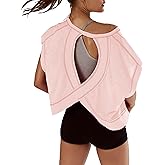 Kumufenc Women Short Sleeve Workout Shirts Open Back Tops Casual Yoga Y2k Athletic Gym Slouchy Crop Running Tees