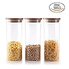 T4U Glass Cylinder Canisters with Airtight Lids, 30oz High Borosilicate Glass Food Storage Container Jar with Sealing Bamboo Lid Set of 3