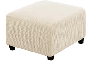 DKSLIPGO Square Jacquard Ottoman Covers Ottoman Slipcovers Folding Storage Stool Protector Elastic Bottom Stretch High Spandex Small Checks (Large,Natural)