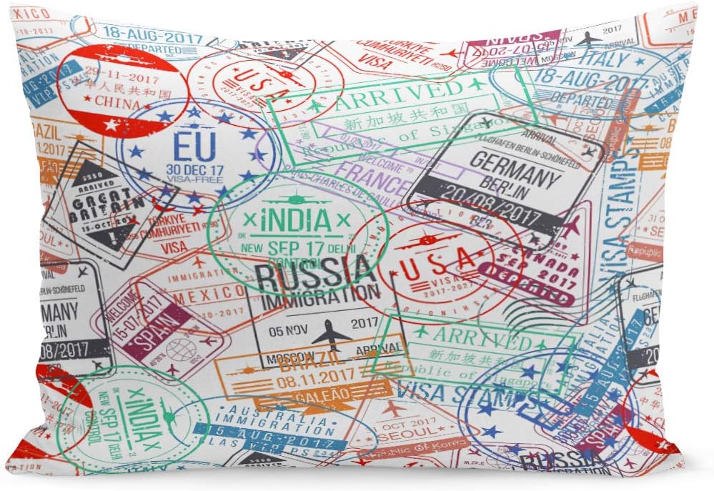 Semtomn Throw Pillow Covers Travel Passport Stamp International Arrivals Sign Rubber Visa Pattern Trip Pillow Case Cushion Cover Lumbar Pillowcase Decoration for Couch Sofa Bedding Car 20 x 26 inchs