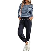 FIOPHY Women's Cozy 2 Piece Outfits Lounge Sets Striped Color Block Long Sleeve Tops Jogger Sweatpants Sweats Track Suits Set