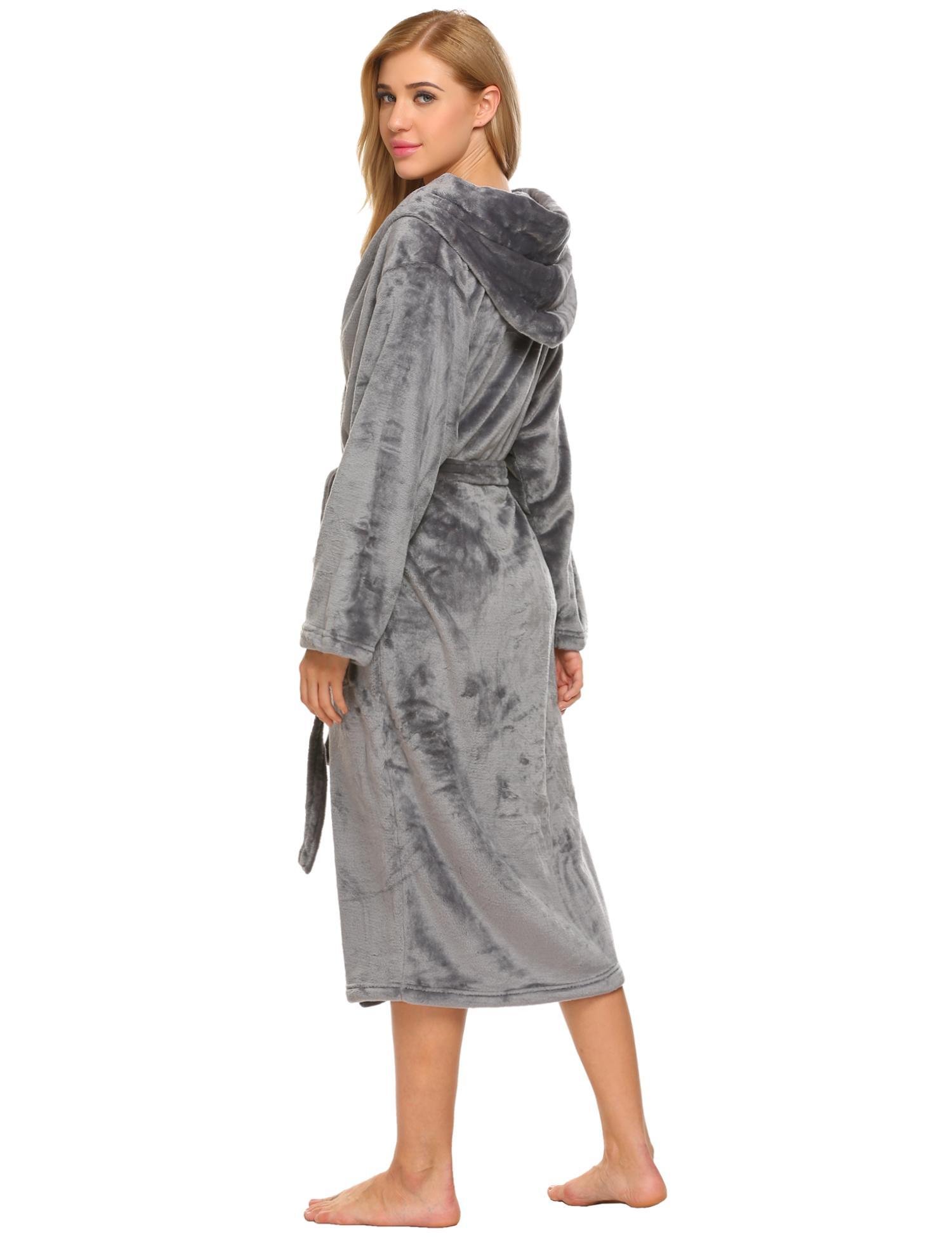 Ekouaer Womens Soft Fleece Bathrobe Kimono Spa Robe Dark Grey S