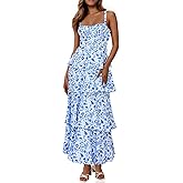 Wenrine Womens Summer Floral Maxi Dresses Sleeveless Spaghetti Strap Tie Back Ruffle Tiered Flowy Dresses
