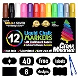 Cedar Markers Liquid Chalk Markers - 12 Pack With Free 40 Chalkboard Labels - Neon Color Pens Including Gold And Silver Ink. Reversible Bullet And Chisel Tip And A Brand New Revolutionary Cap.
