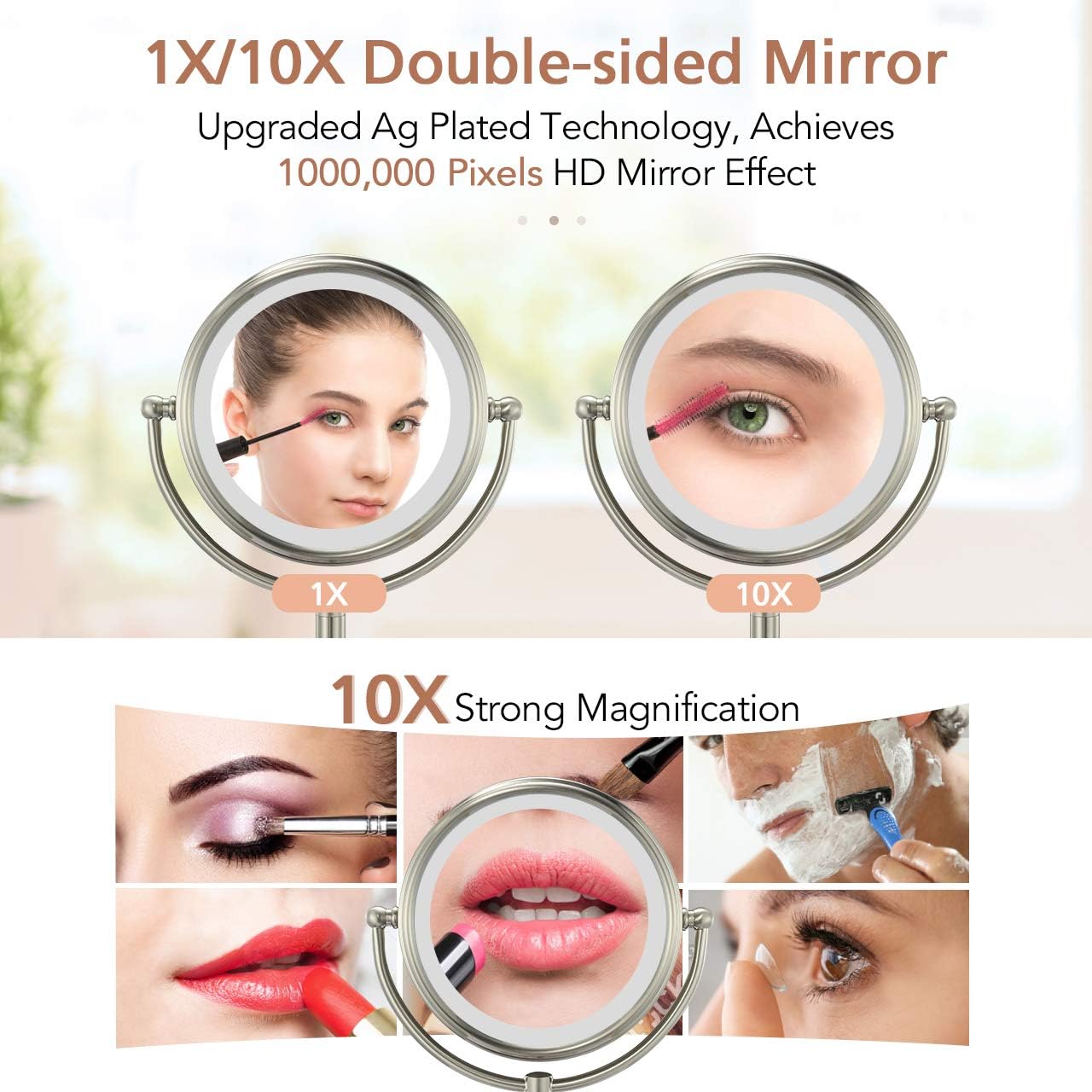 Professional 8.5" Lighted Makeup Mirror, 10X Magnifying Vanity Mirror with 32 Medical LED Lights, Senior Pearl Nickel Cosmetic Mirror,Brightness Adjustable(0-1100Lux) Desk Lamp Night Light Alternative: Furniture & Decor