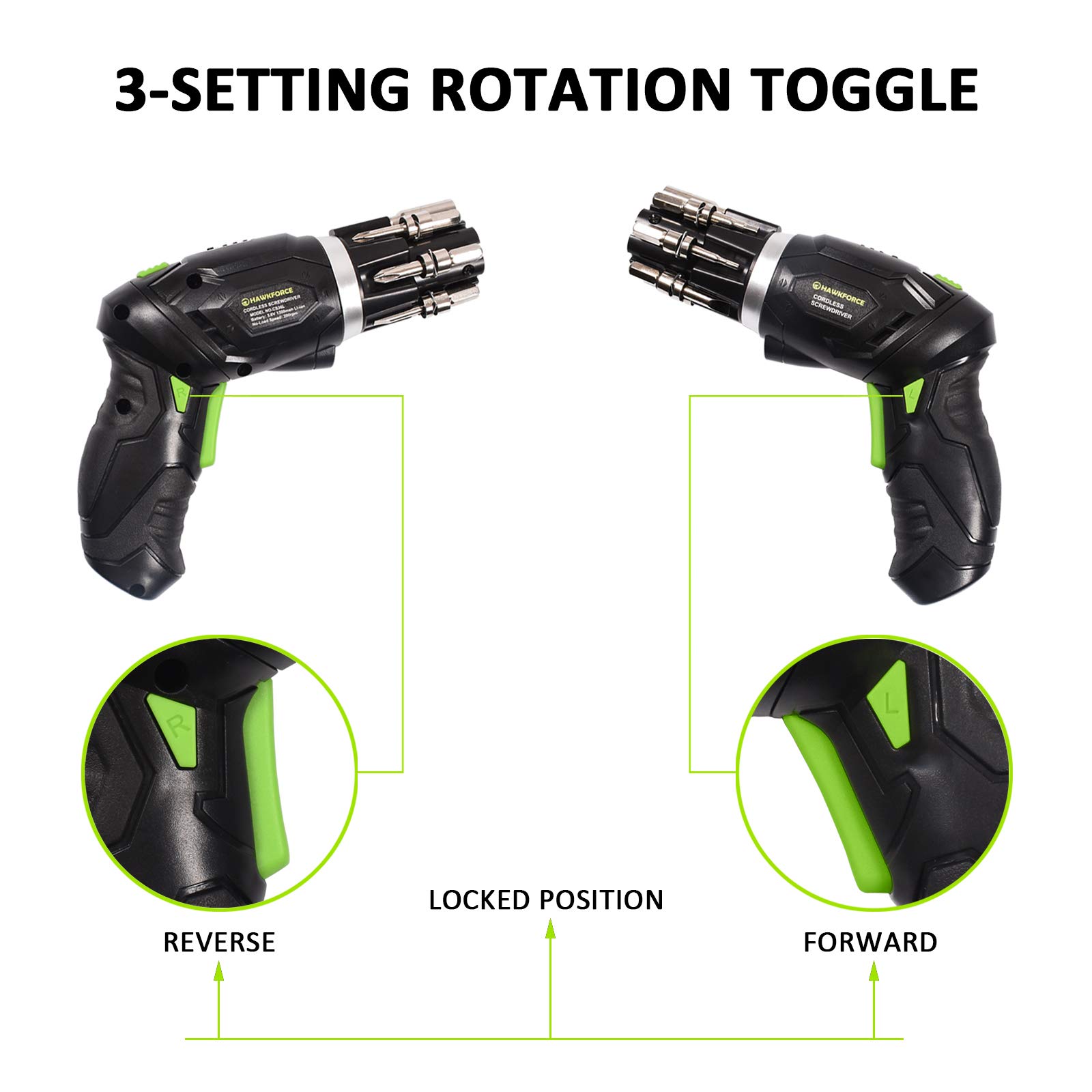 Cordless Screwdriver, HAWKFORCE 3.6V Cordless Rechargeable Screwdriver - Flexible Pivoting Head - Adjustable 2 Position Handle - Front LED Light Power Screwdriver with Bubble Level