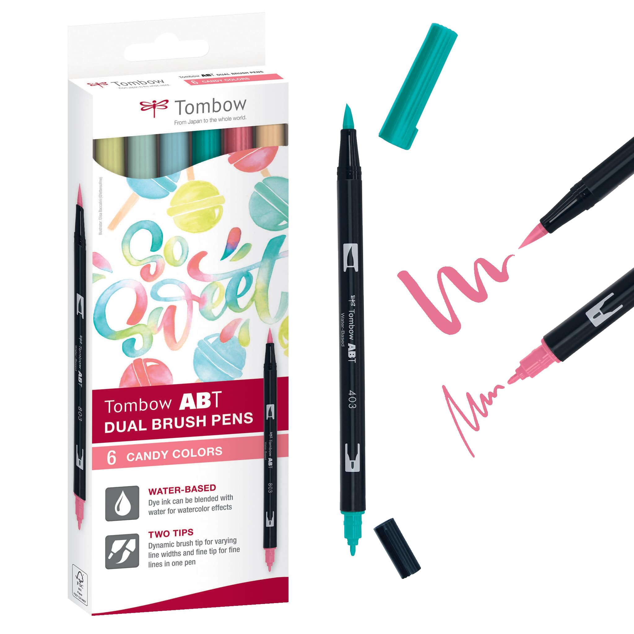 Tombow ABT Dual Brush Pen, Candy Colours, Pen with Two Tips, Perfect for Hand Lettering and Bullet Journal, Water-soluble, ABT-6C-4, Set of 6