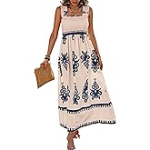 PRETTYGARDEN Womens Summer Boho Maxi Dress 2026 Casual Sleeveless Square Neck Floral Aline Smocked Beach Dresses with Pockets