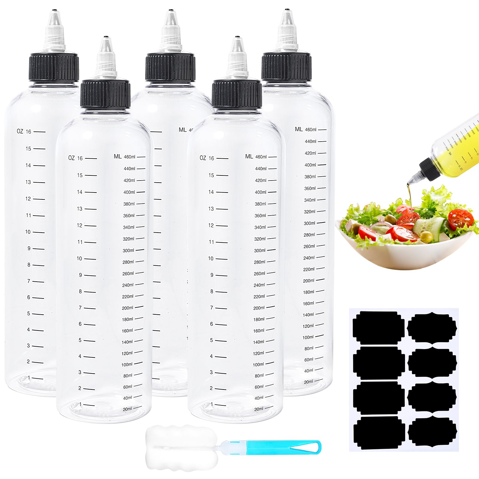 Amentalove 5PCS 500ml Squeezy Bottles with Nozzles, 16oz Clear Plastic Squeeze Condiment Bottles with Scale for Sauce, Oil, Ketchup, DIY Crafts
