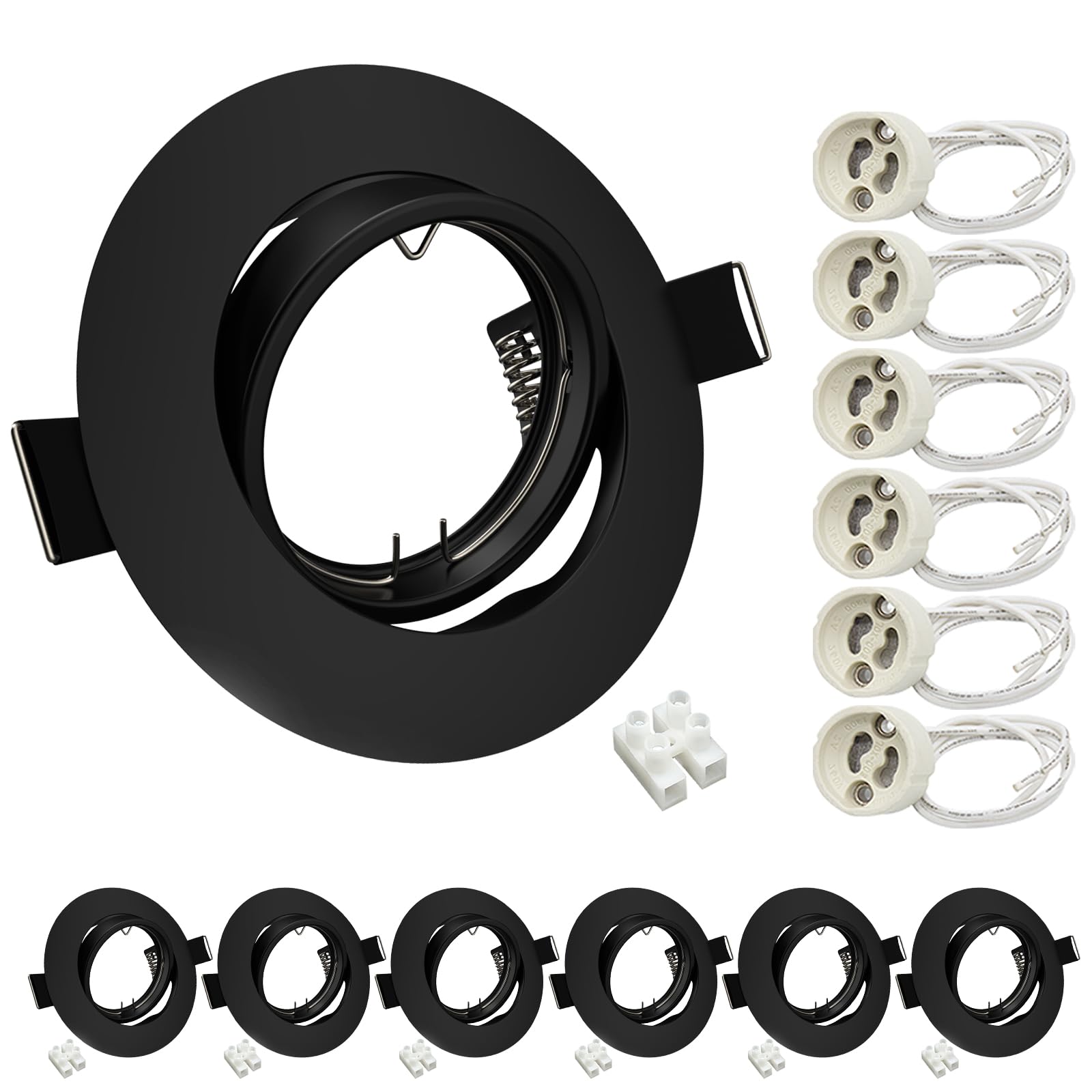 Wondlumi 6X Recessed GU10 Light Fittings for Ceiling Round Black Metal Frame for Spot Lights 30° Tilt Adjustable Downlights with GU10 Lamp Holder, No Bulbs