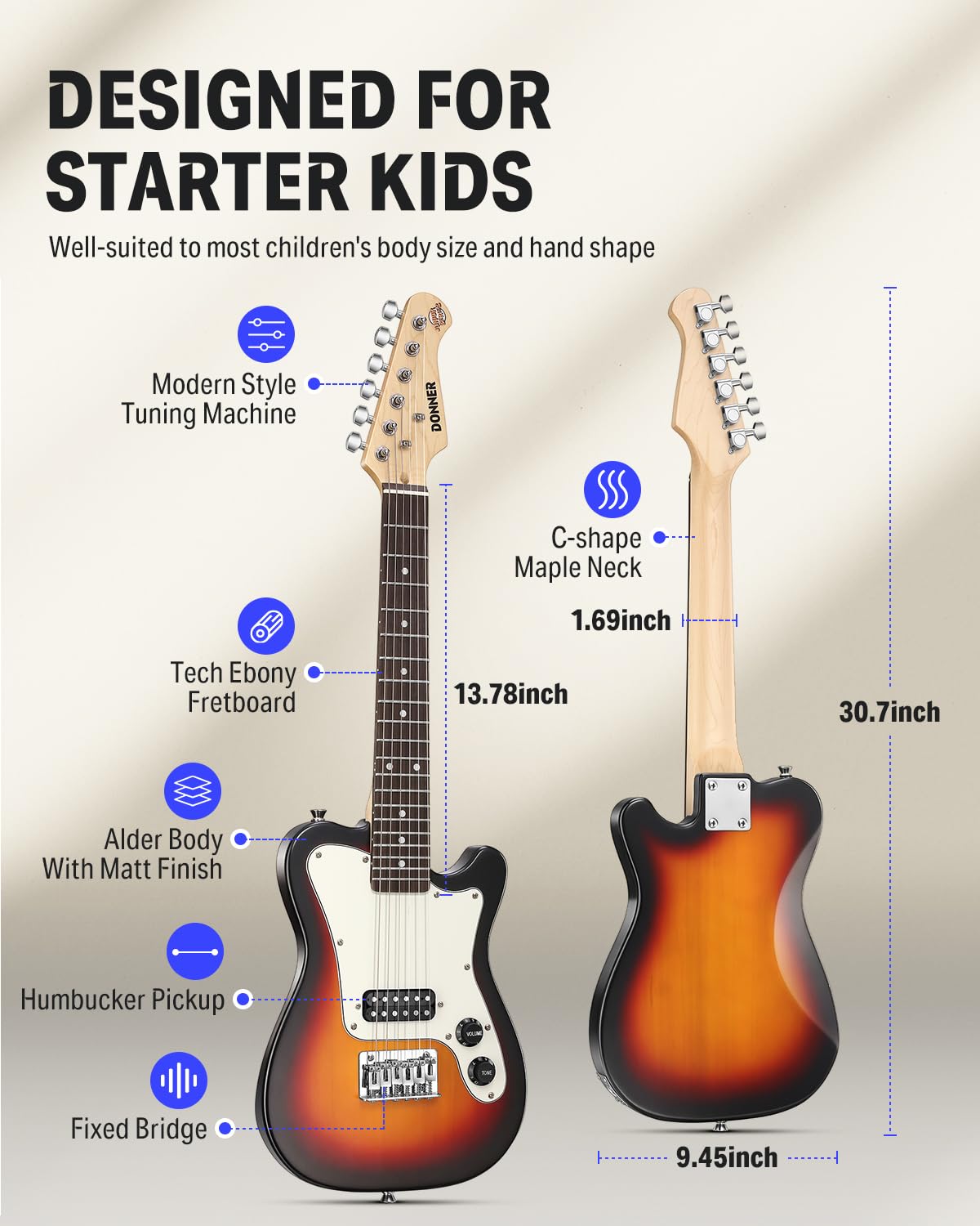 Donner 30 Inch Kids Electric Guitar Beginner Kit TL Style Mini Electric Guitar for Kids with Amp, 600D Bag, Tuner, Picks, Cable, Strap and Extra Strings, DTJ-100S, Sunburst