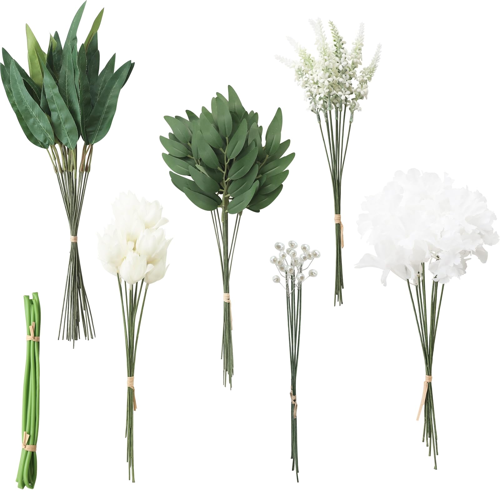 Photo 1 of Floroom Artificial Greenery Stems Box Set, 76pcs with 6 Kinds of Faux Greenery Flowers Picks for DIY Bridal Bouquets Wedding Floral Arrangement Table Centerpieces, Green & White