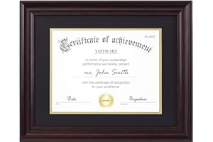 Yaetm 11x14 Diploma Frame, Certificate Frame with Tempered Glass, Display 8.5x11 Document with Black Over Gold Acid-free Mat or 11 x 14 without Mat, Wide Molding (Single, Brown)