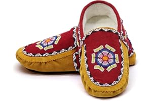 Leather Beaded Moccasins with Intricate beadwork | OnlyViking (Women 12 / Men 11, Red)