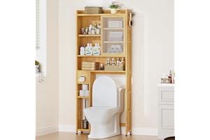 Cozivolife Over The Toilet Storage Cabinet with Acrylic Door Panel and Paper Towel Drawer, Bamboo Space Saver Shelf, Bathroom Organizer Rack Above WC (Without Power Strip, Natural)