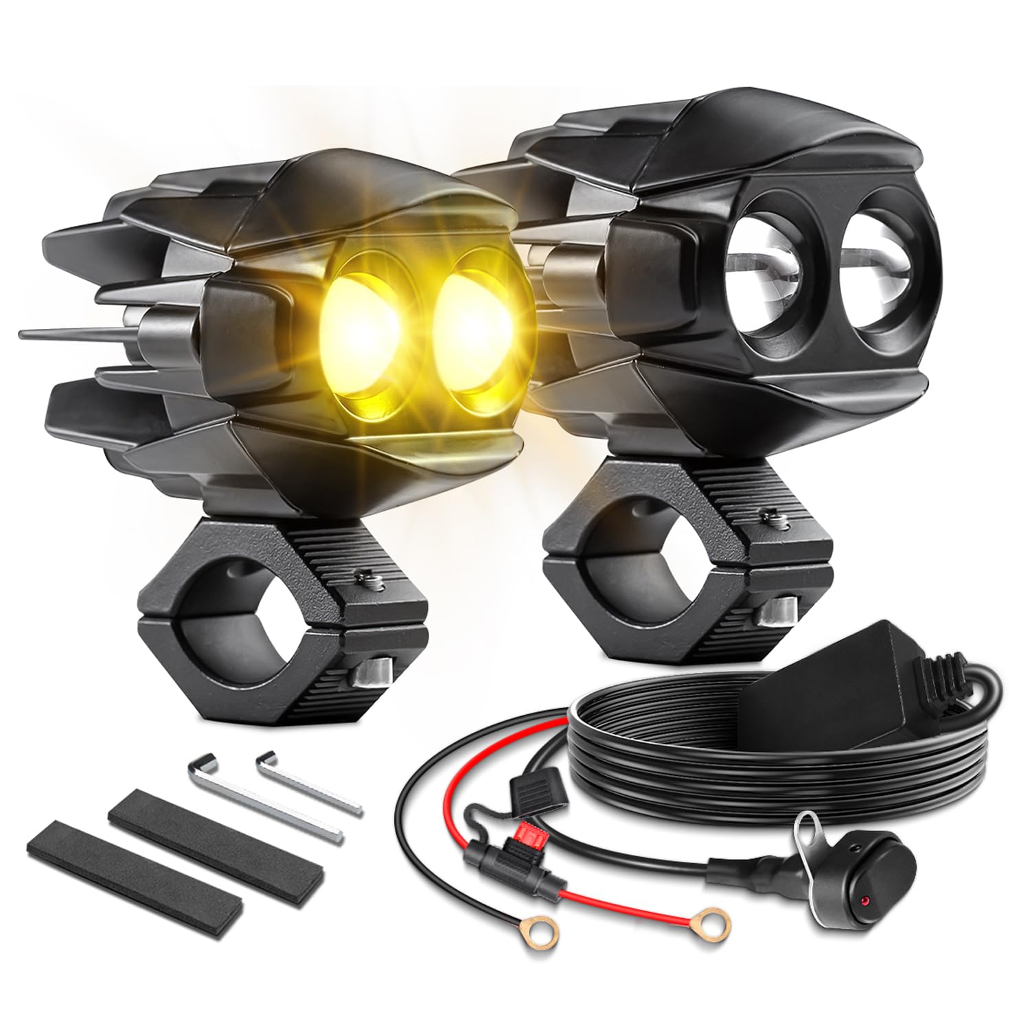 2Pcs 100W 10000LM Motorcycle LED Fog Lights – White+Amber+Demon Eye, 10-48V DC, Universal Fit