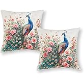 HDESDIS 2 Packs Farmhouse Peacock Throw Pillow Covers for Living Room, Peony Floral Colorful Fantasy Pillow Covers Cushion Case for Couch Sofa Bed, 18x18 inch