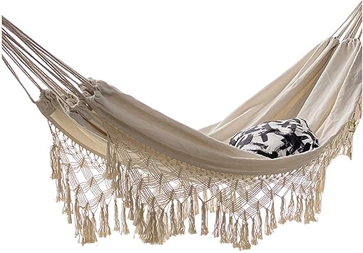 Amazon 大2人ハンモック渤海スタイルの厚いキャンバス手作りマクレームフリンジデラックスダブルハンモックネットスイングチェア屋内吊りスイング A 195 145 43cm Zlwj ハンモック