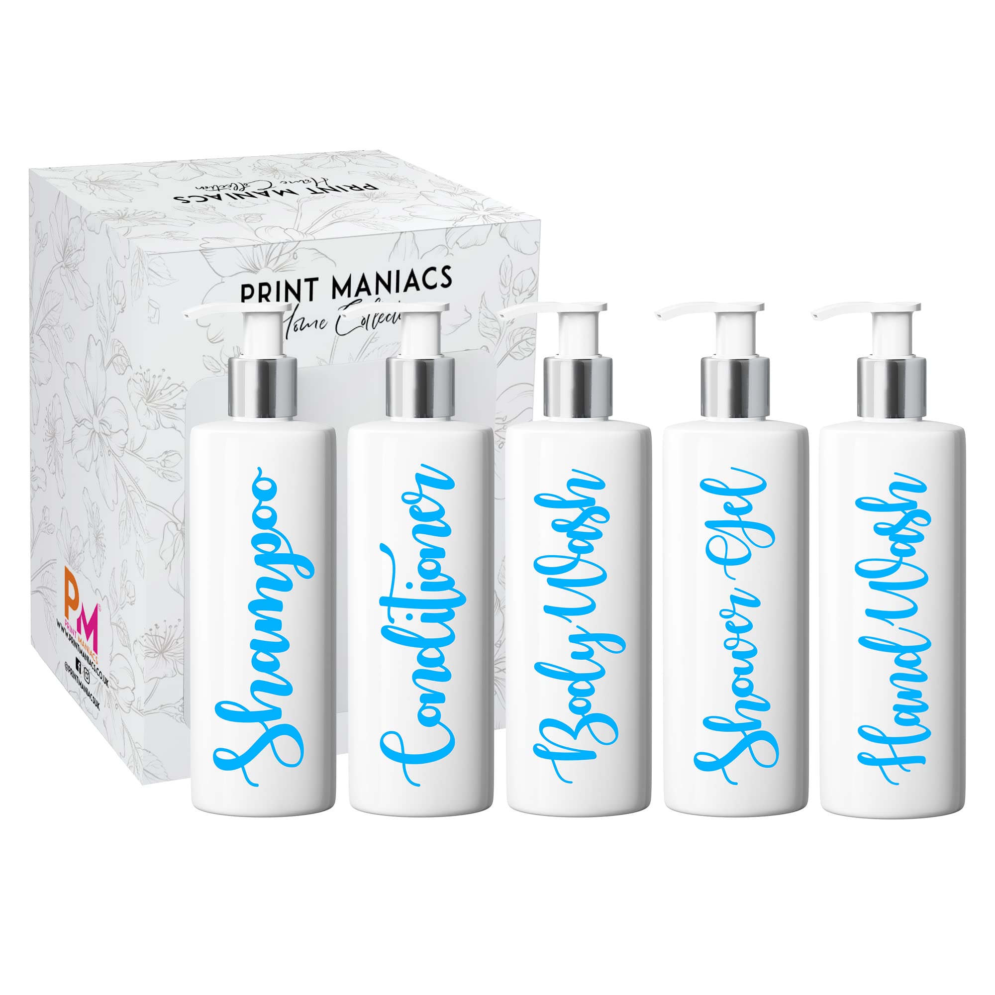 Print Maniacs Mrs Hinch Inspired White Personalised Dispenser Silver Pump Bottles 500ml Set 5 (BabyBlue)