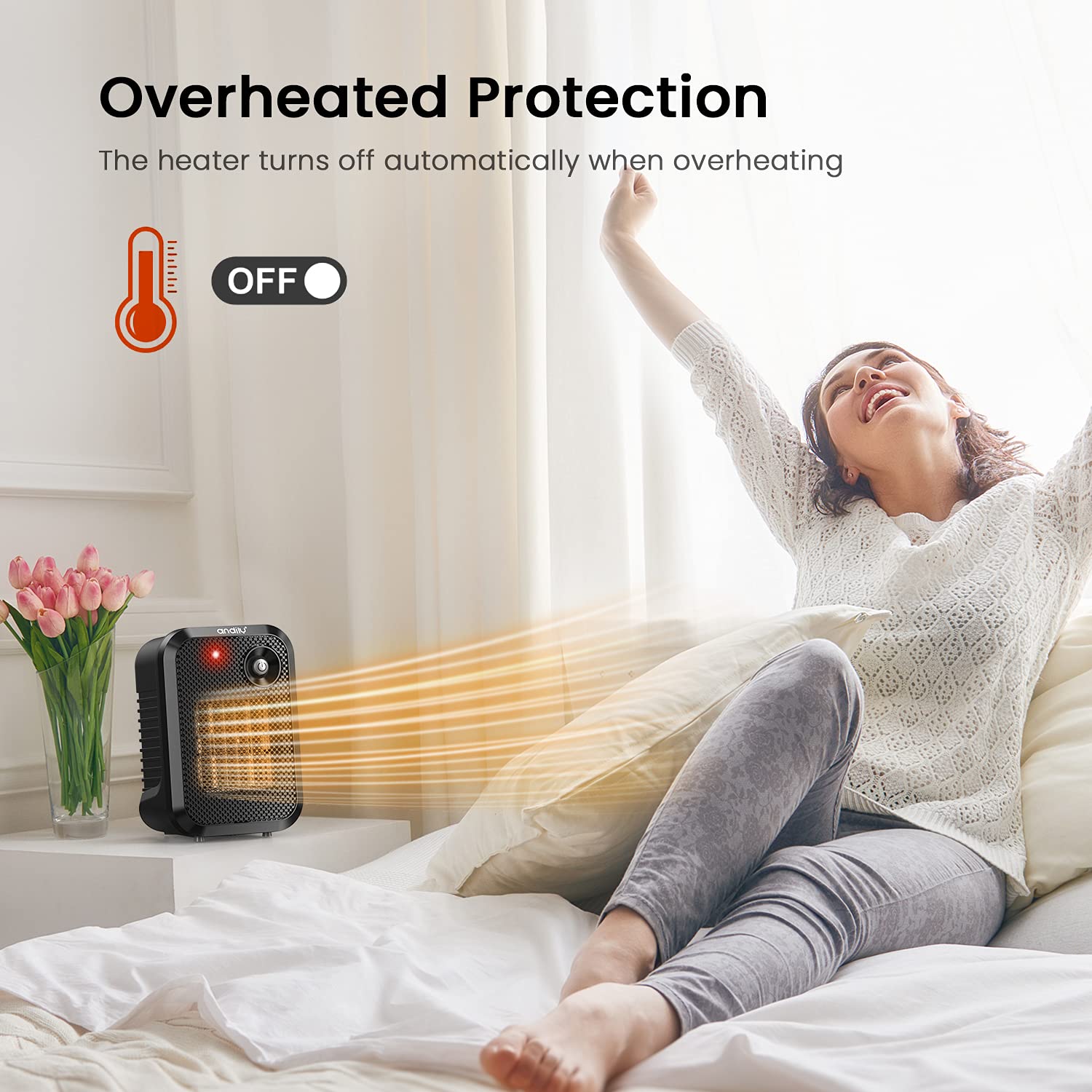andily 500W Space Electric Small Heater for Home&Office Indoor Use on Desk, Portable|Manual Thermostat|Noiseless|Tip-Over Protection with Safety Power Switch PTC BLACK