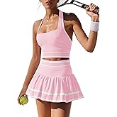 ReachMe Womens Two Piece Tennis Skirt Set 2 Piece Golf Outfits Halter Top and Mini Skorts Matching Workout Sets