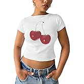 Wedsadl Y2k Shirt Baby Tees for Women Cute Cherry Graphic Cropped Shirt Vintage Print T Shirts 2000s Retro Aesthetic Tee Tops
