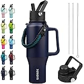 BJPKPK Insulated Water Bottles with Straw Lid, 35oz Metal Water Bottle with 2 lids & Paracord Strap, Double Wall Stainless Steel Tumbler with Handle, Reusable Cups, Mugs, Thermo, Navy Blue