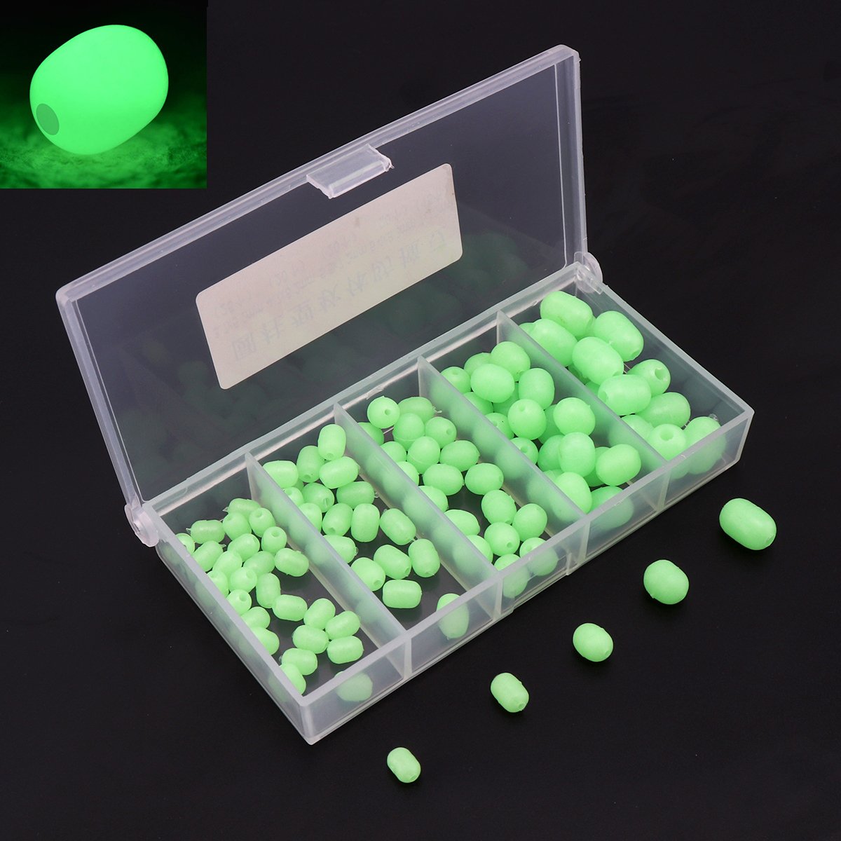 OriGlam 100pcs Soft Plastic Luminous Glow Fishing Beads - Oval and Round Shaped Lures for Sea Fishing - Green Tackle Tools Eggs