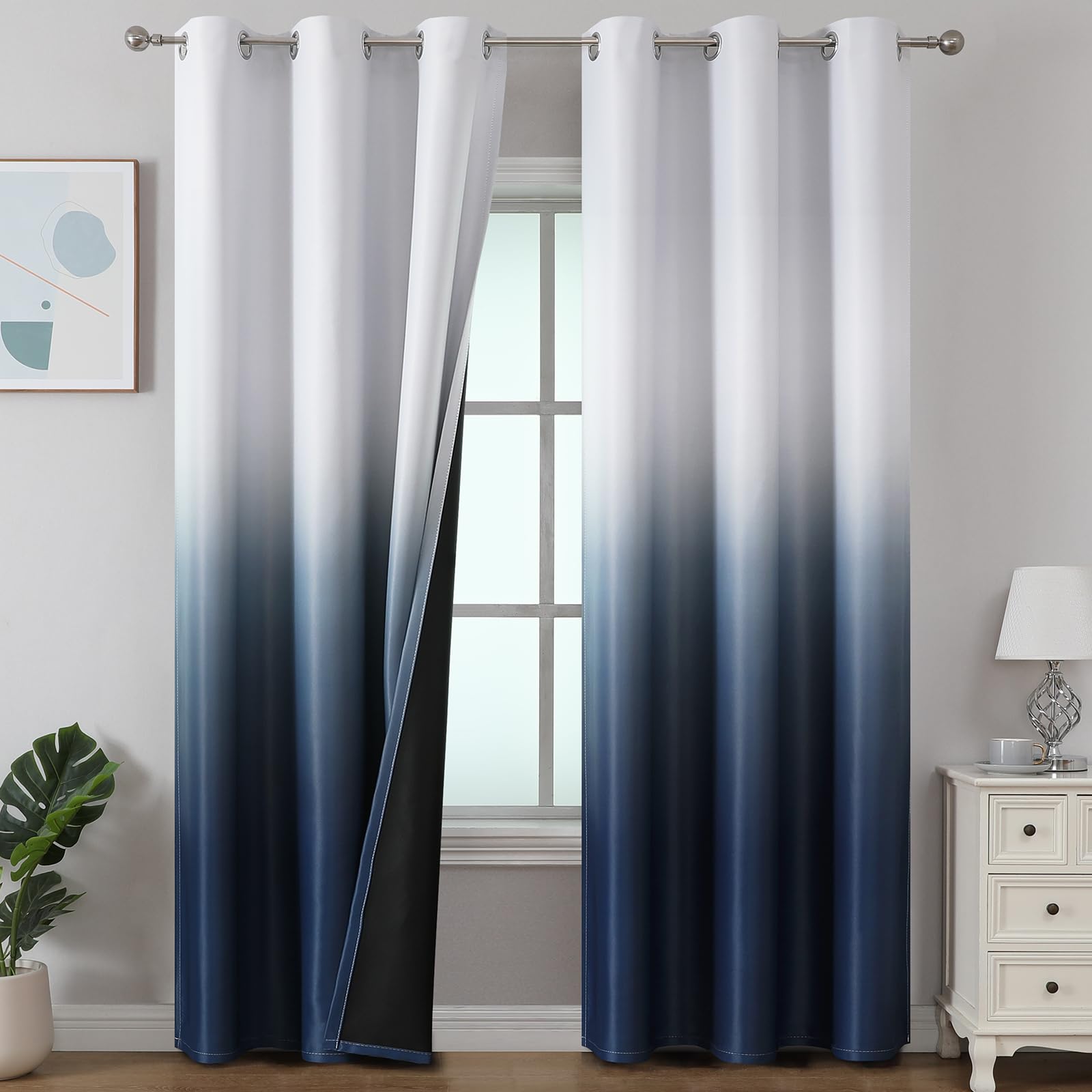 Estelar Textiler Navy Blue and Greyish White Ombre Blackout Curtains 84 Inch Length 2 Panels Set for Living Room, Energy Saving Thermal Insulated Grommet Drapes for Bedroom, 42Wx84L, 2 Panels