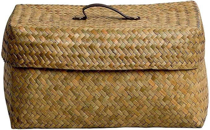 Amazon Co Jp ふたの海草の編まれた収納箱 ふたの竹の手作りの長方形の収納バスケットを持つ編まれたバスケット 服 ファッション小物