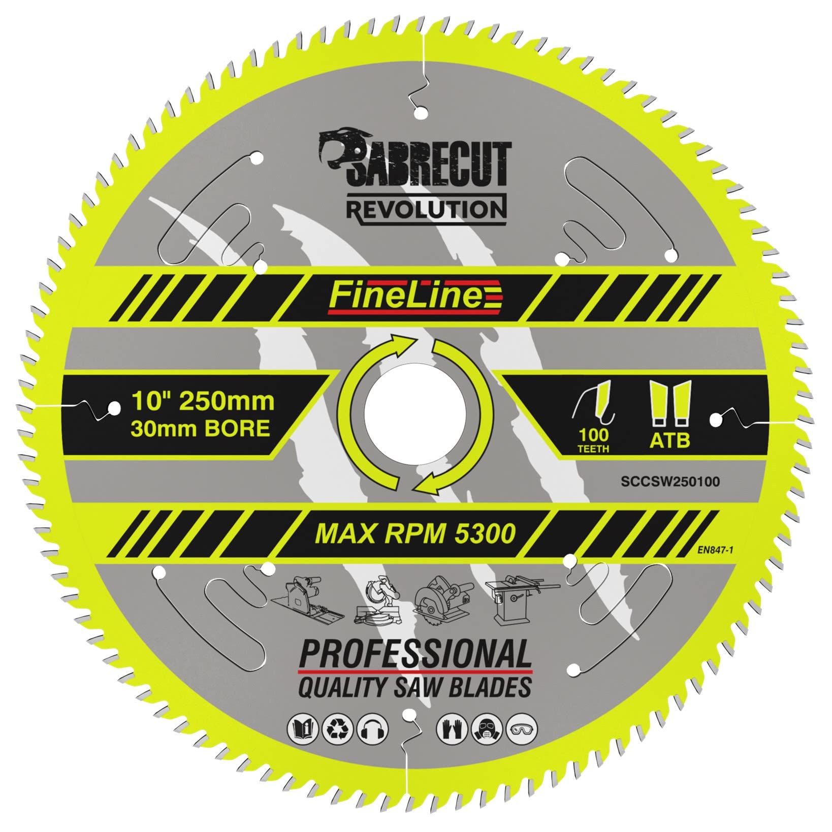 1 x SCCSW250100 SabreCut 250mm 100T x 30mm Bore FineLine Thin Kerf Wood Plywood MDF Chipboard Cross Cutting and Rip Cutting Circular Saw Blade
