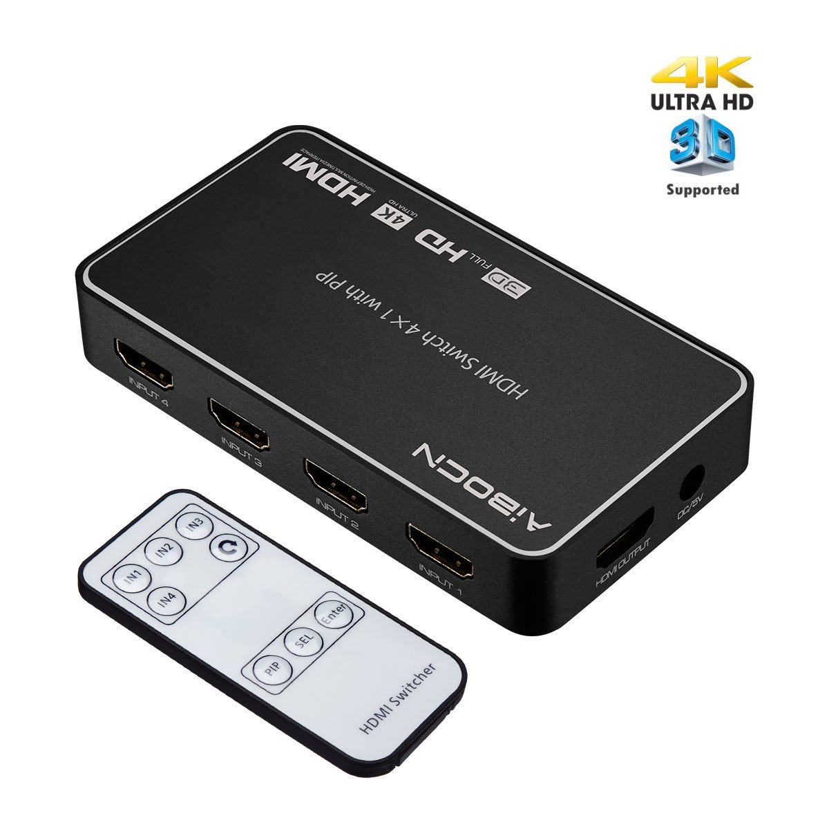 Aibocn HDMI Switch，Conmutador HDMI Switch 4 Entrada a 1 Salida Soporta 4K 3D y 1080P Adaptador para TV, BLU-Ray, Cable Box, PS3 PS4,Color Negro