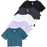 Real Essentials 5 Pack: Women's Dry-Fit Short Sleeve V-Neck Crop Top Boxy Athletic Tee
